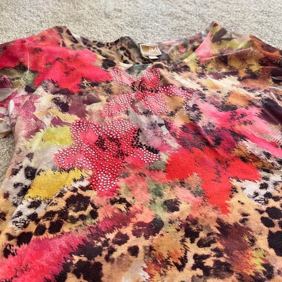 Y2k Floral & Cheetah Print Flowy Pink and Brown Rhinestones Top w Sheer Sleeves - Picture 5 of 10